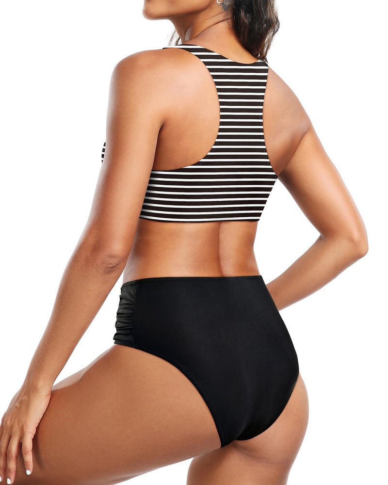 Holipick Black Striped Women High Waisted Two Piece Bikini Set Racerback Bathing Suit Sporty Crop Top with Bottom for Teen Girls S - Image 5